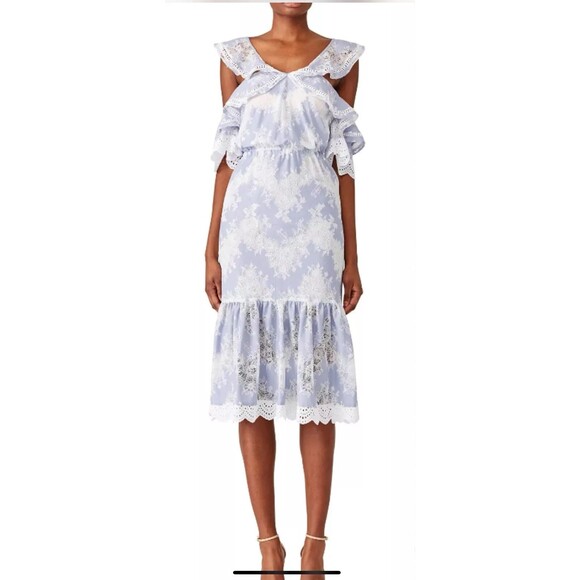 MARISSA WEBB Kendra Midi Dress M Blue White Eyelet Cold Shoulder EUC B59 - Picture 1 of 7